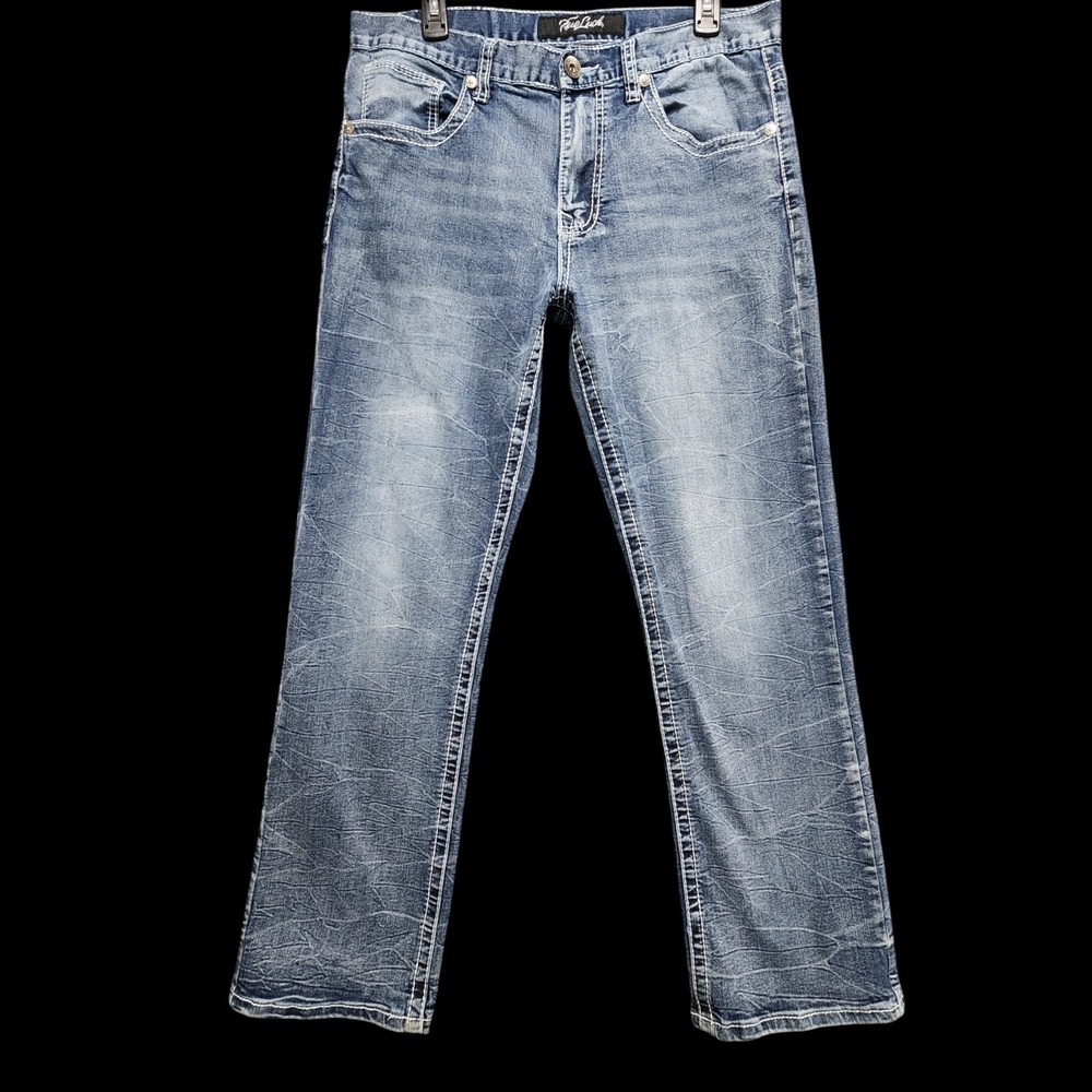 True Luck Jeans‎ Mens 34x30 (Fits as 32x29) Blue Whiskered Cracked Webbing Denim